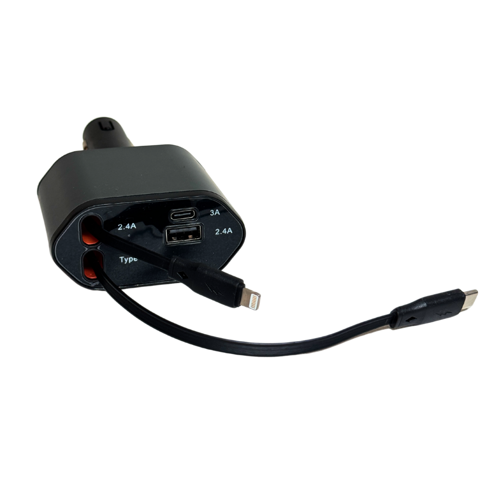 Încărcător Auto Fast Charge 20W – USB-C & Lightning, Cablu Telescopic, Display