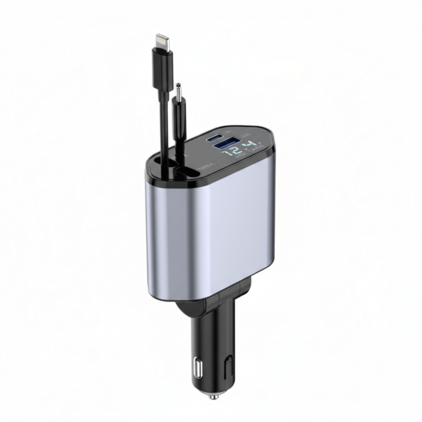 Încărcător Auto Fast Charge 20W – USB-C & Lightning, Cablu Telescopic, Display