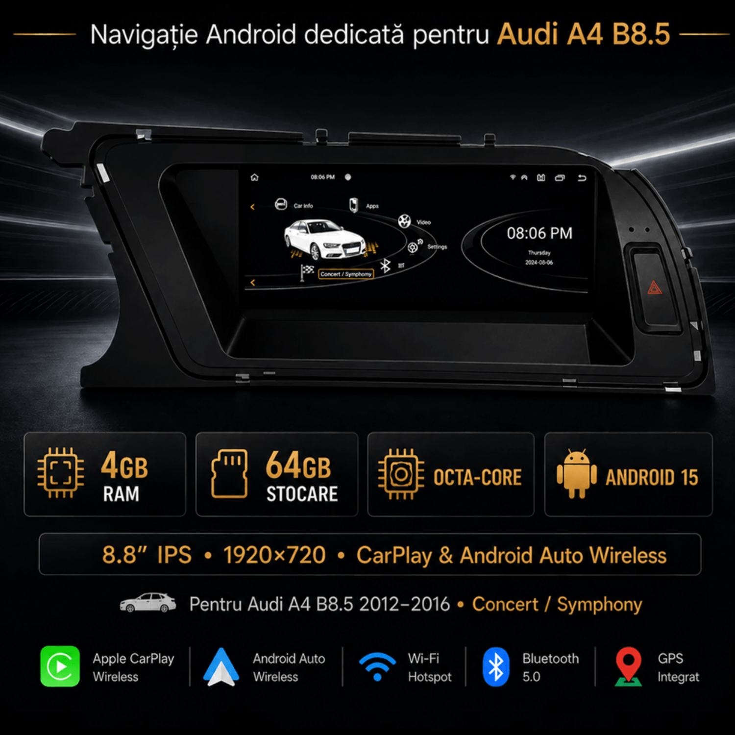 Navigatie_Android_Audi_A4_B8.5_CarPlay_Android_Auto_Wireless_4GB_RAM_Concert_Symphony