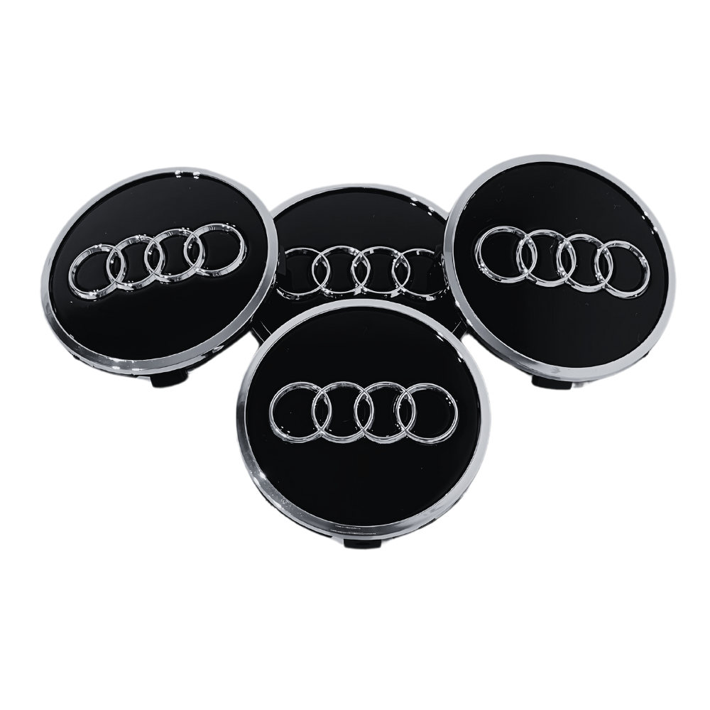 Set 4 Capace Jante Audi – 61mm, Negru cu Ramă Argintie