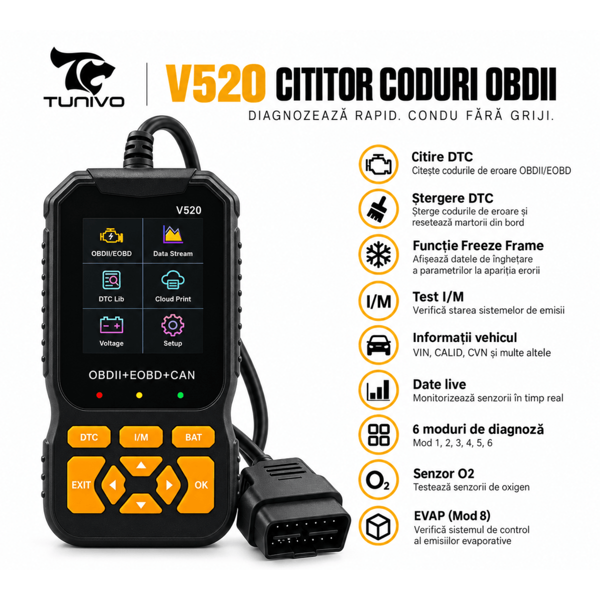 Tester diagnoză auto OBD2 V520 – Citire și ștergere erori motor