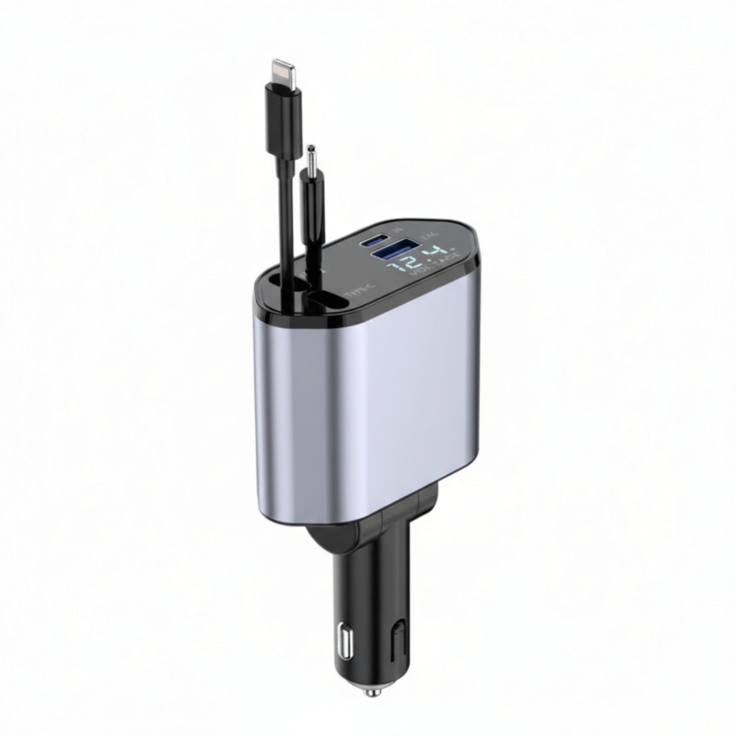 Încărcător Auto Fast Charge 20W – USB-C & Lightning, Cablu Telescopic, Display